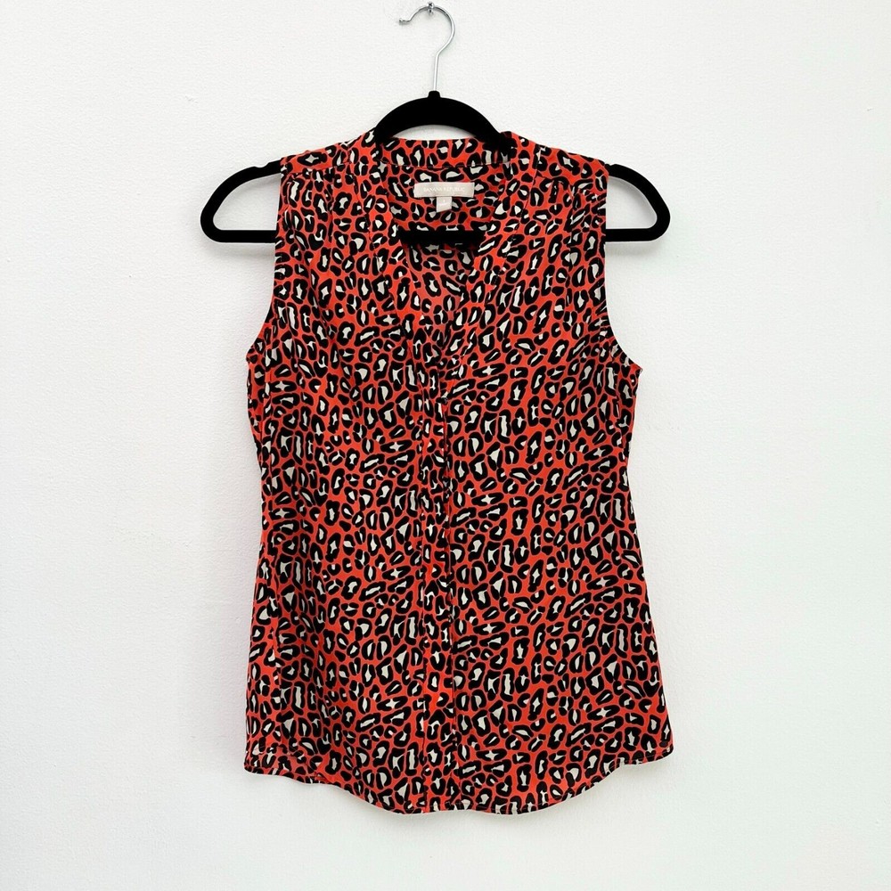 Banana Republic Blouse Sz 2 Women Top Tank Orange Black Leopard Print Sleeveless
