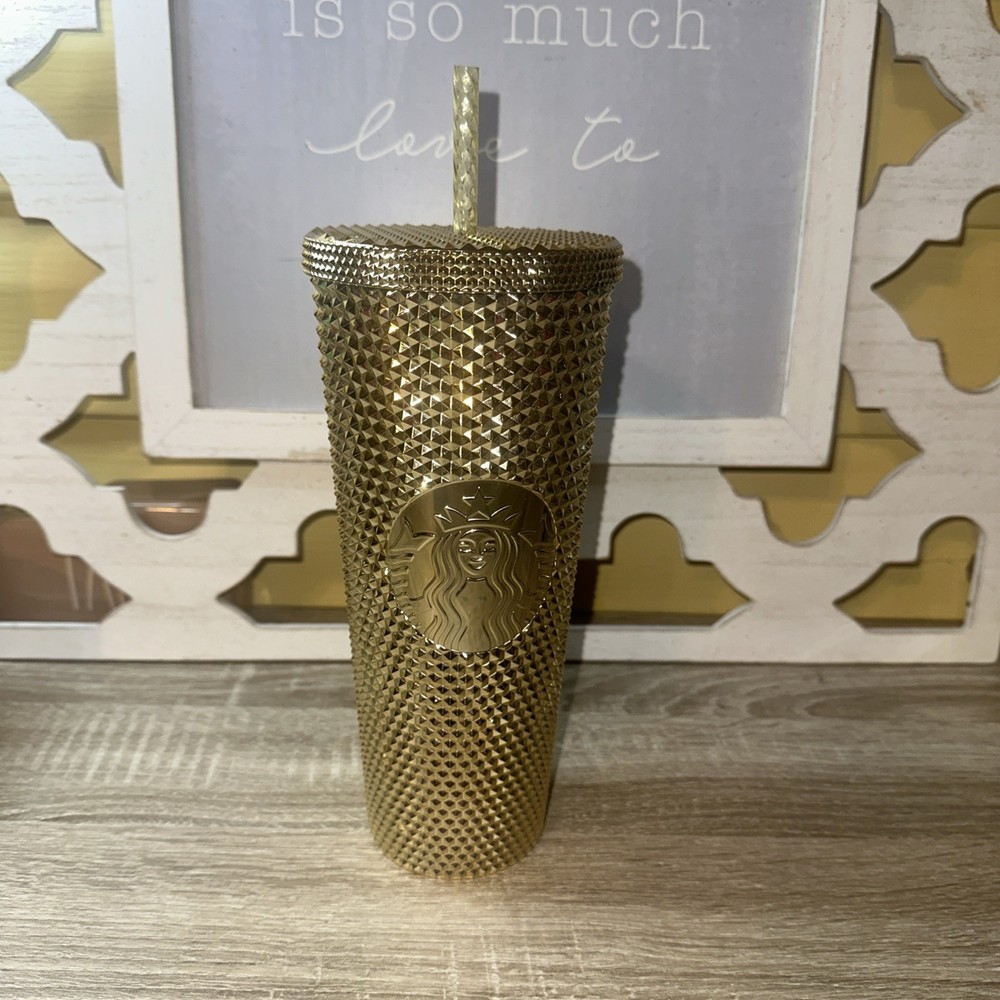 Starbucks Holiday 2022 Gold Bling Studded Venti 24 oz Cold Cup Tumbler Straw NWT