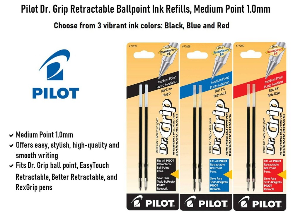 Pilot Dr. Grip Retractable Ballpoint Ink Refills, Medium Point 1.0mm, 3 Packs