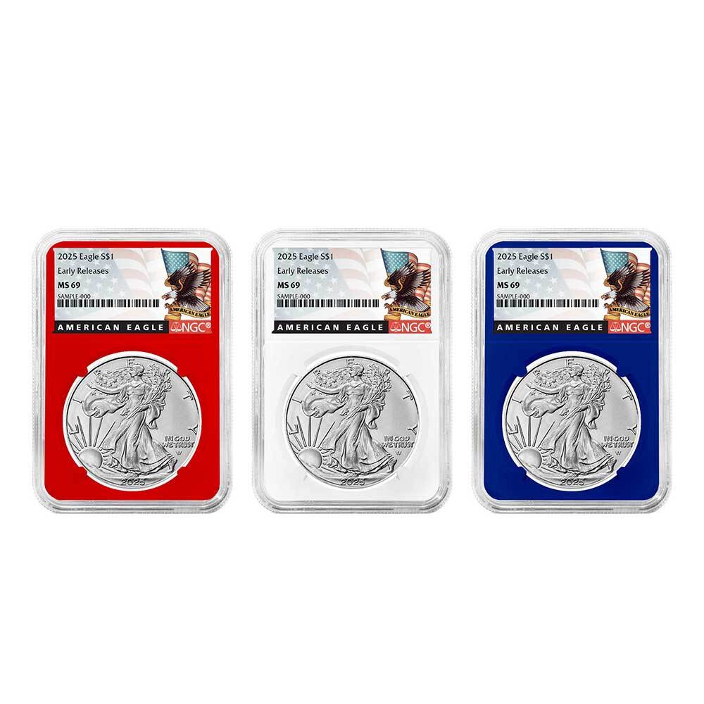 Presale - 2025 $1 American Silver Eagle 3pc Set NGC MS69 ER Black Label Red W...-image