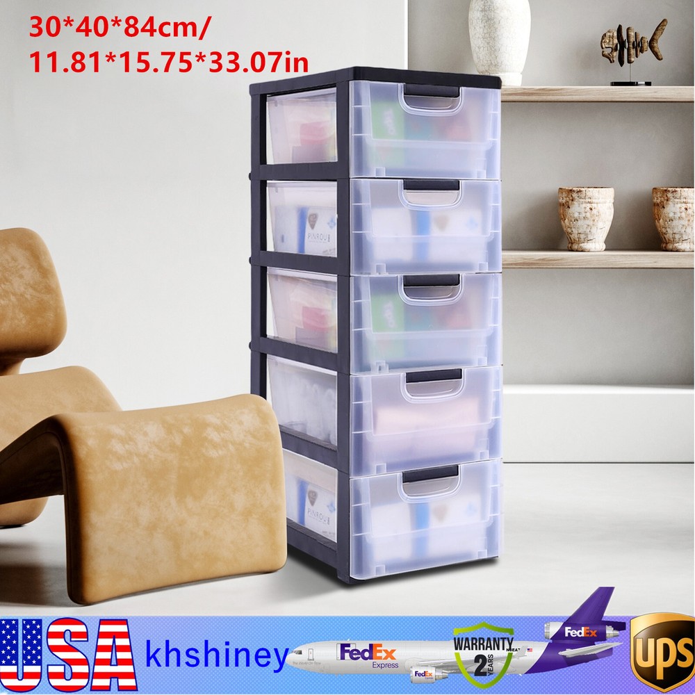 Large Storage Cabinet w/4 Wheels Stackable Transparent Organizer 5 Drawers