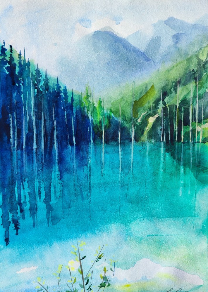 Original Watercolor Painting Lake Wall Art Kazakhstan Nature Painting
