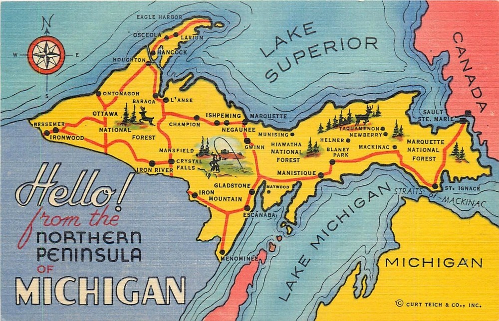 19410s Map Northern Peninsula Michigan map Teich linen Postcard 25-5215
