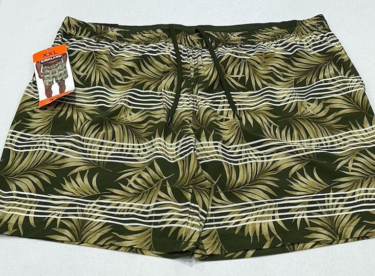 Kirkland Signature Men's Stretch Swim Shorts, Green Palm Stripe, Size XXL