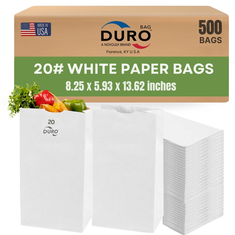 DURO 20# Large White Paper Bags Bulk, 500-Count, 8.25x5.93x13.62 Inches, Idea...