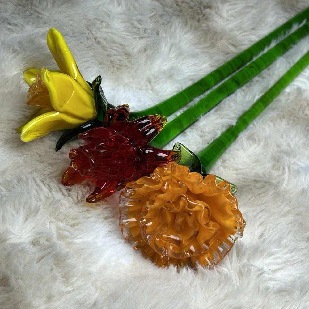 Vintage Set of 3 Murano Style Glass Long Stem Flowers Bouquet 12