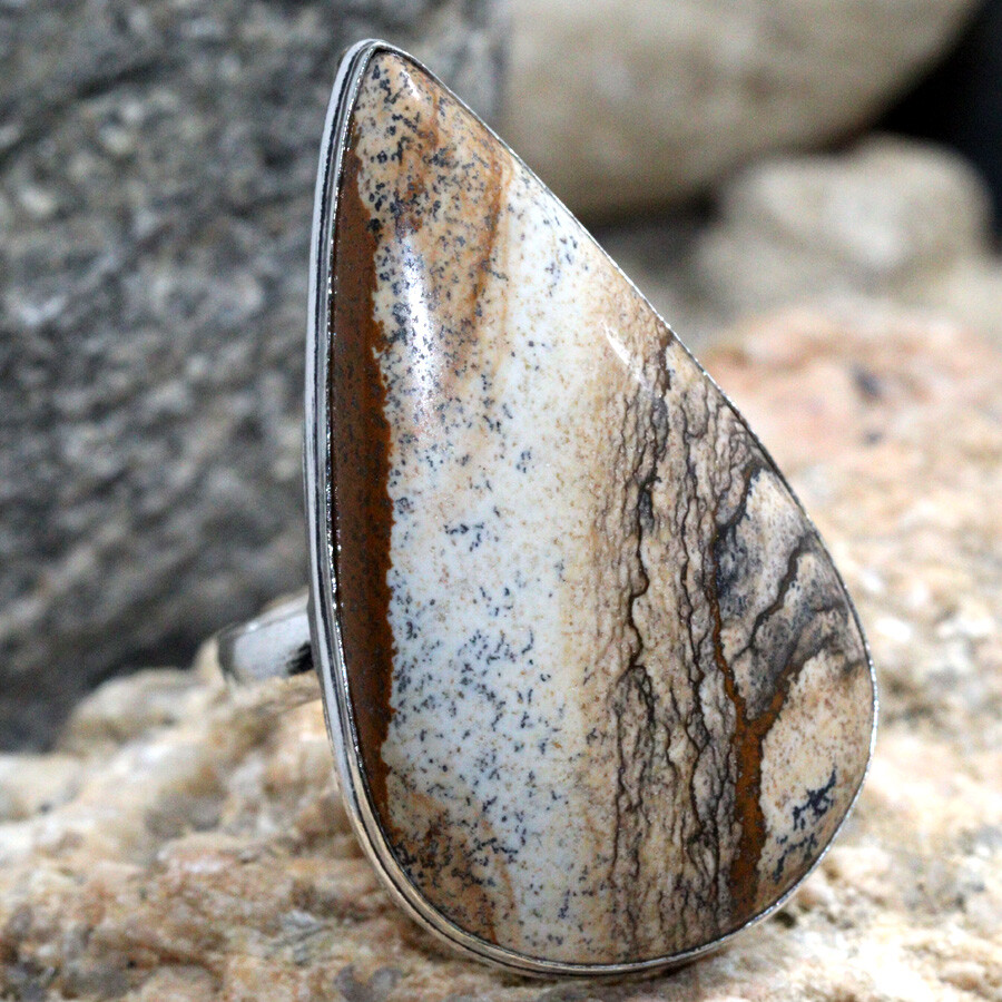 925 Silver Plated Picture Jasper Ethnic Ring Handmade Jewelry Size US 10 JW
