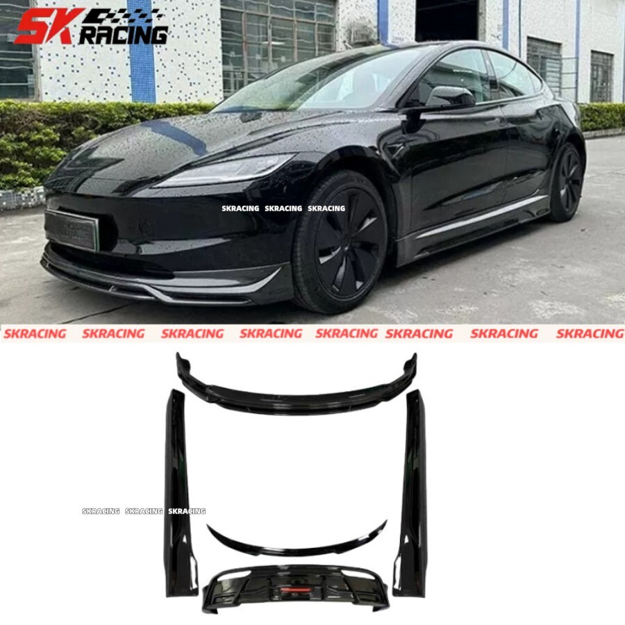 Fits 23-24 Tesla Model 3 Glossy Black Front Rear Lip Bumper Side Skirts Body kit