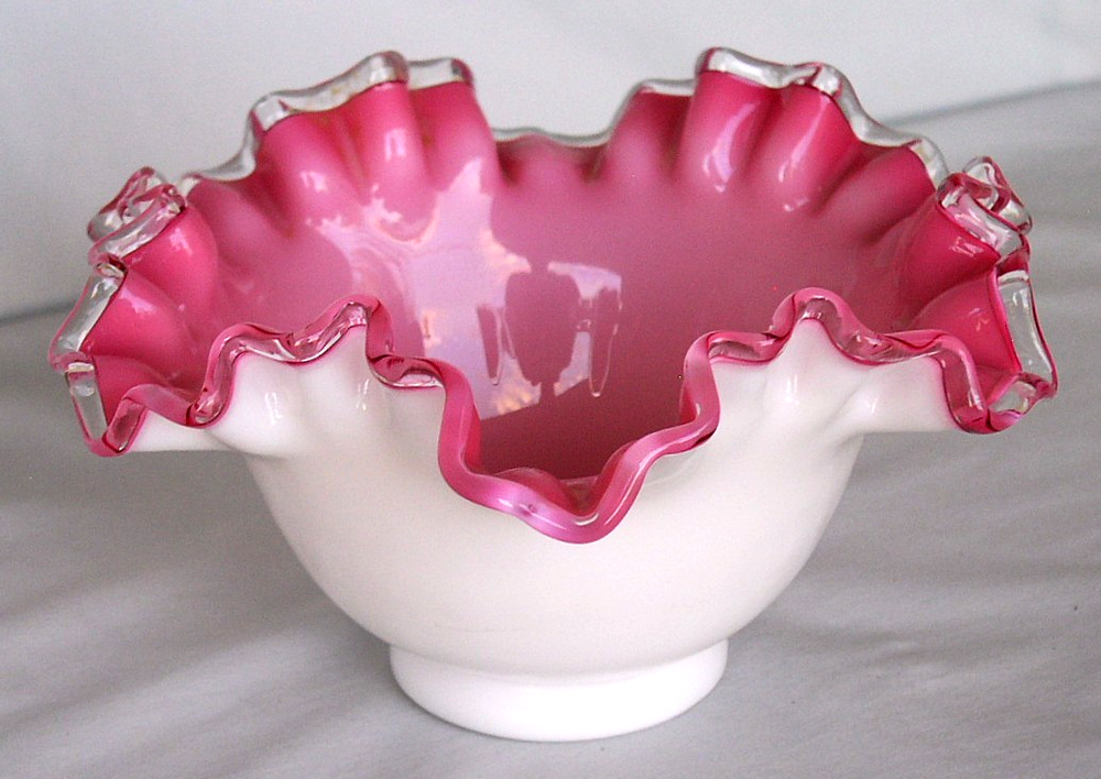 Fenton Pink & Milk Cased Glass Ruffled Crest Footed Bowl VTG - 6 3/4