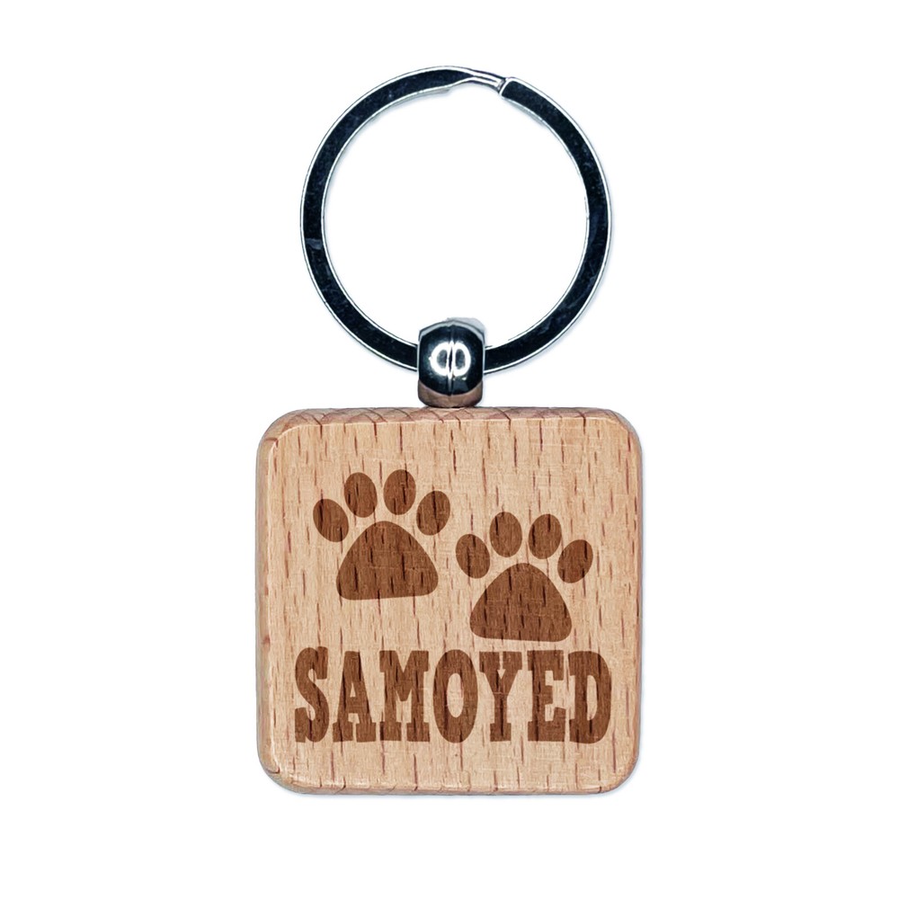 Samoyed Dog Paw Print Engraved Wood Keychain Charm