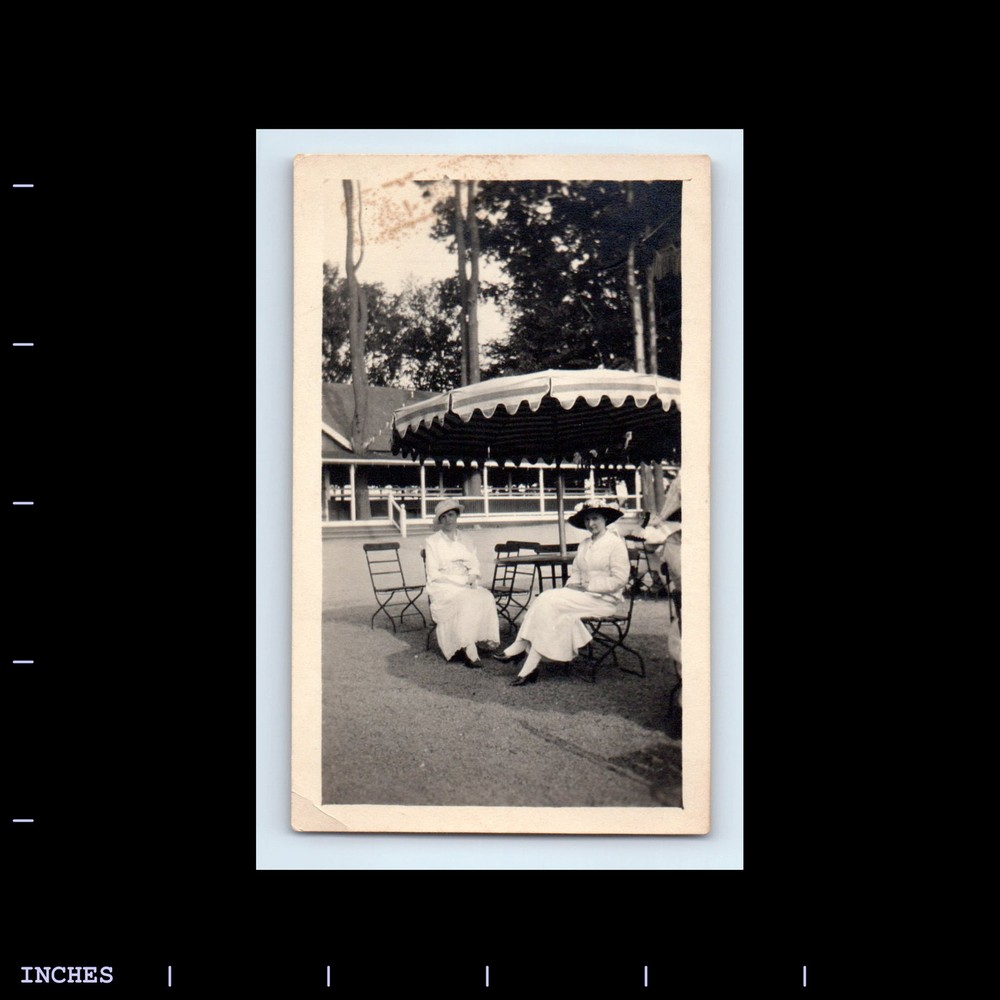 Vintage Women Sitting Under Umbrella Classic Retro Photo