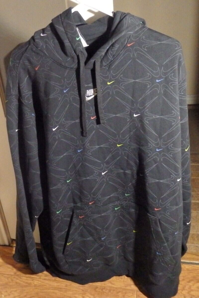 Nike AOP Gel Fleece Pullover Hoodie Mens XL DM7930 010 Black Allover Logo Print