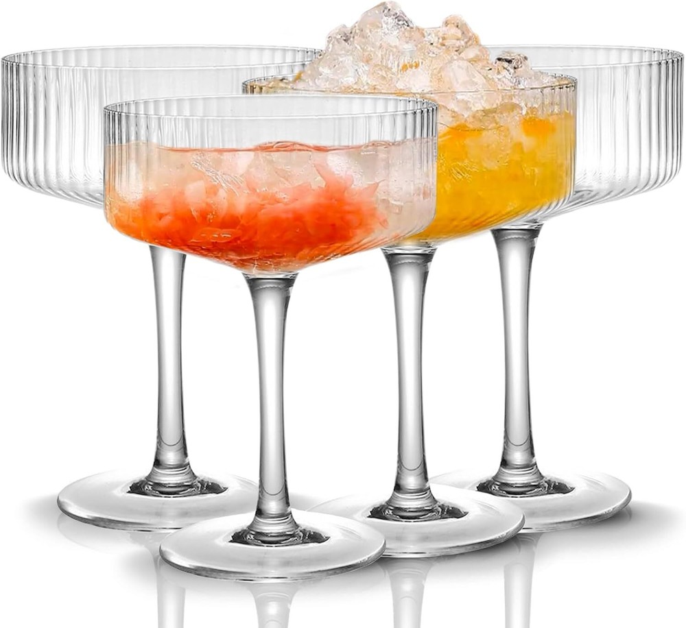 4-Piece Vintage Ribbed Coupe Glass Set - 10 oz Cocktail Glasses