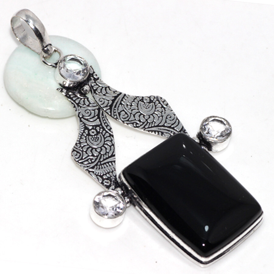 925 Silver Plated-Black Onyx Crystal Topaz Ethnic Long Pendant Jewelry 3.1