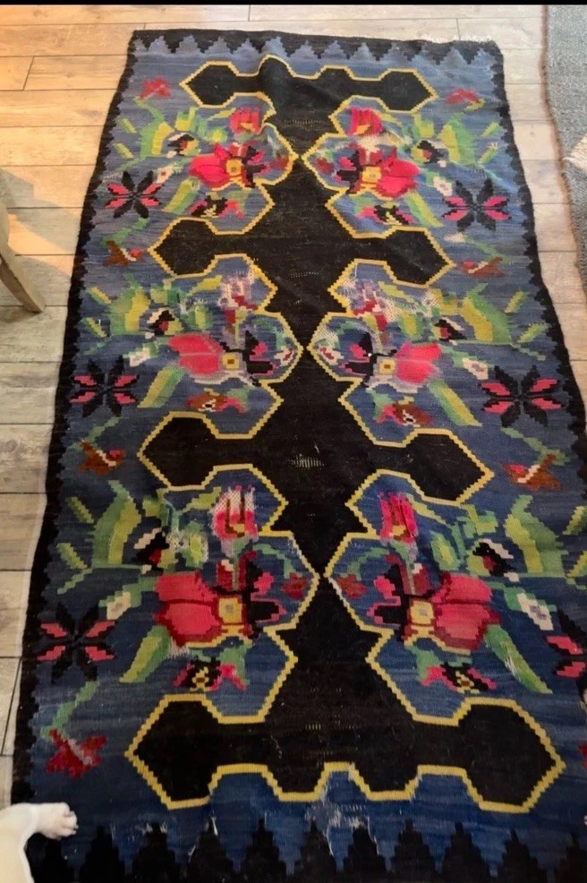 Vintage Romanian Kilim Rug – Handwoven Floral Wool Flatweave, Folk Art Carpet