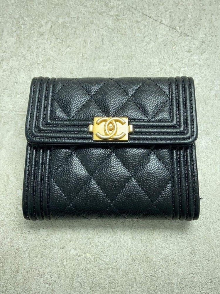 CHANEL Boy Compact Wallet Black Caviar Leather CC Matelassé Pre-Owned
