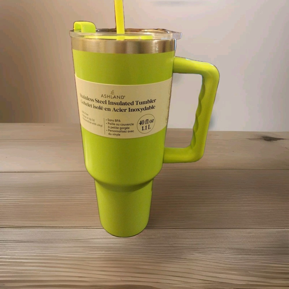 ASHLAND TUMBLER STAINLESS STEEL WATER BOTTLE 40oz HANDLE & STRAW Lime Green Neon