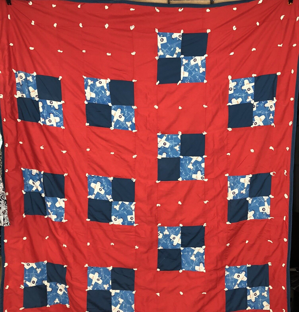 Handmade quilt topper 90 x 64 red 16 block pattern with blue and plane minis