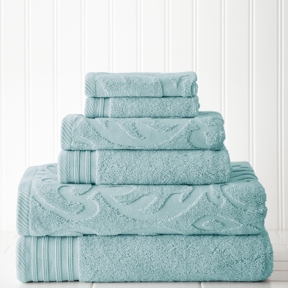 6-Piece Jacquard and Solid Towel Set in Sterling Blue Medallion Swirl Design