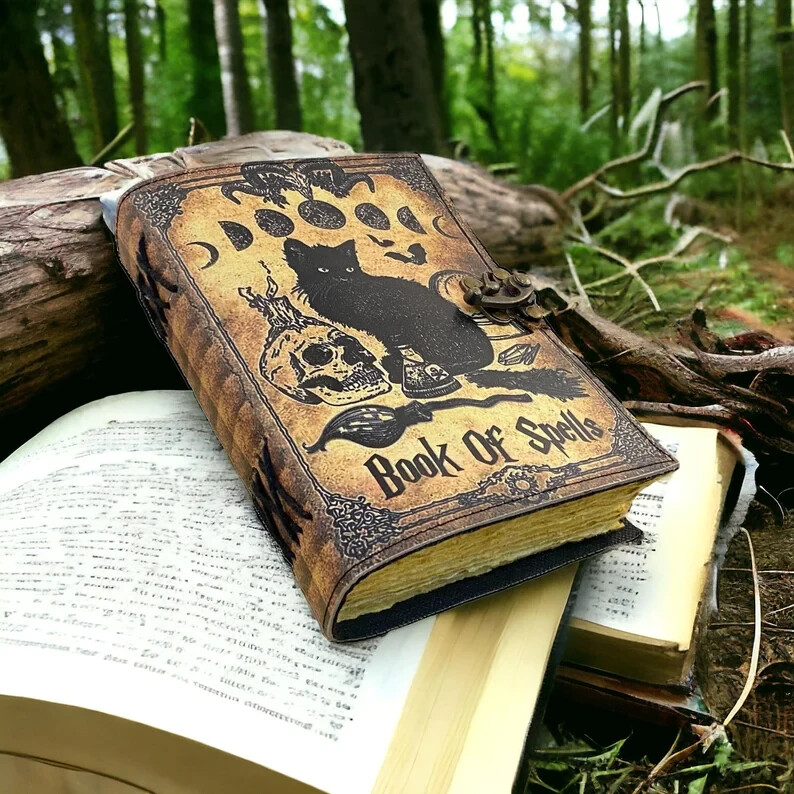 Grimoire Journal Blank Spell Book with Magic Cat Print