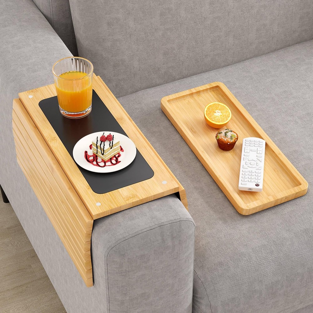 Bamboo Couch Arm Tray Table with Removable Tray & Anti-Slip Base