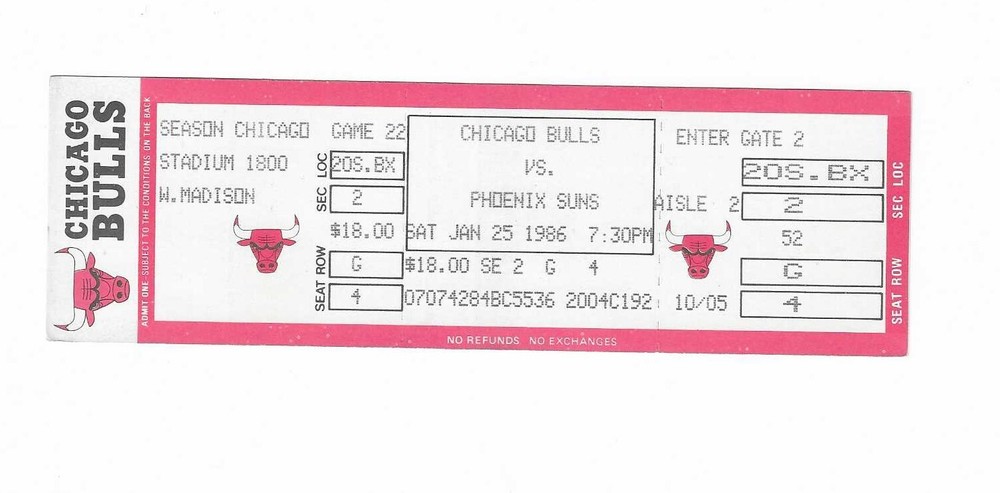 Chicago Bulls vs Phoenix Suns Unused Basketball Ticket January 25, 1986