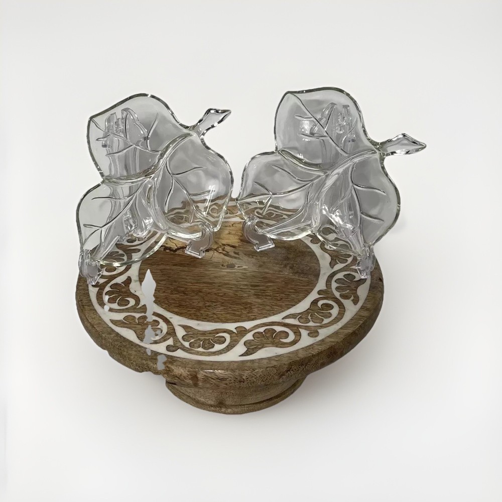 Vintage Clear Glass Leaf-Shaped Divided Candy Nut Dish Bowl Set of 2