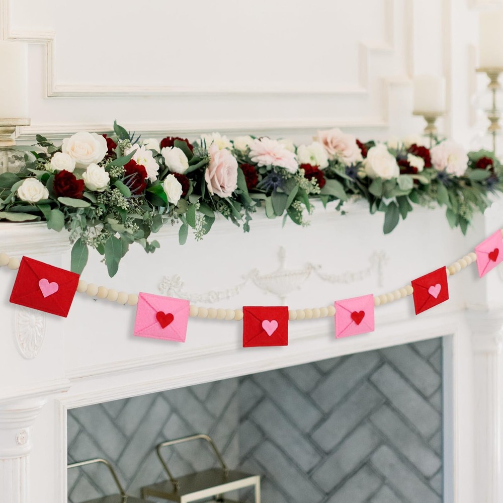 Retro Valentines Day Decor, Felt Envelope Wood Bead Valentines Garland Banner...