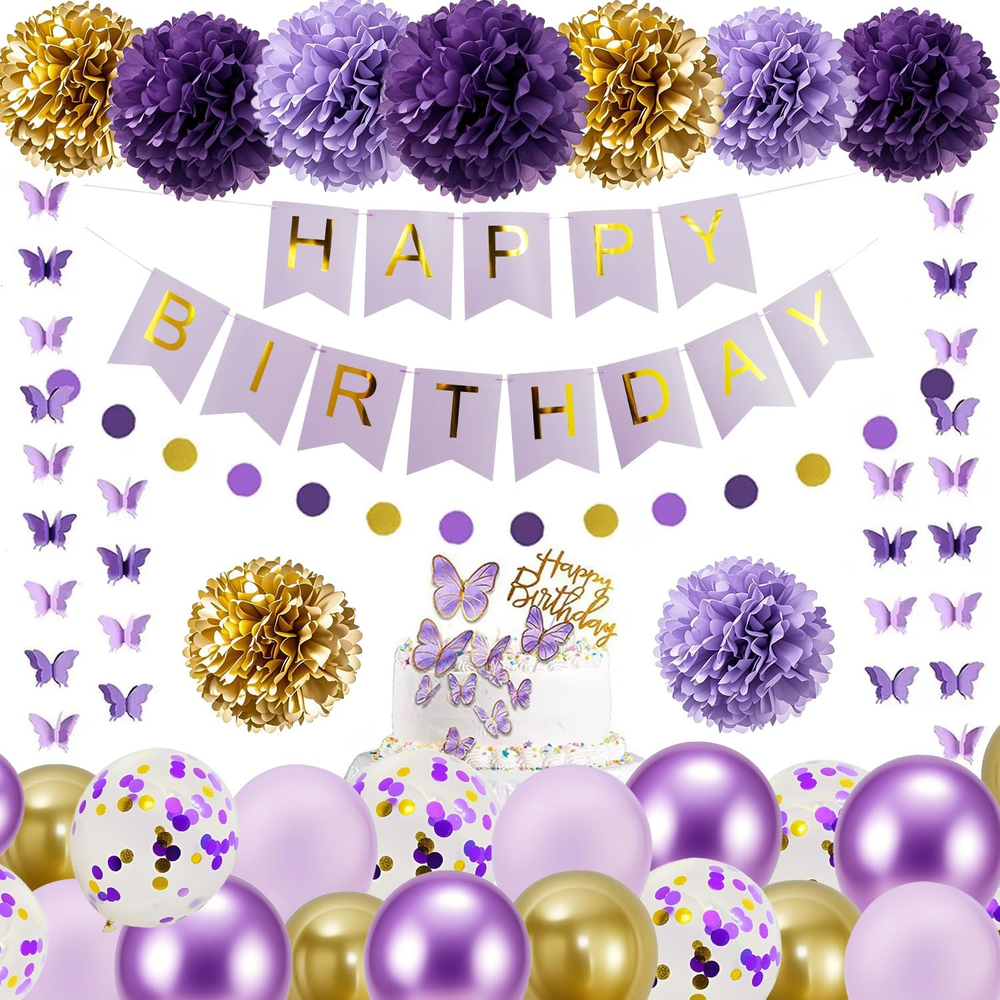 40Pcs Purple Gold Birthday Party Decorations,Gifts for Women or Girls, Happy Bir