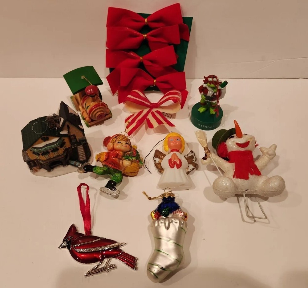 Vintage 1980s Christmas Ornaments Lot of 13 Mixed Wood Plastic Glass Velvet Bows-image