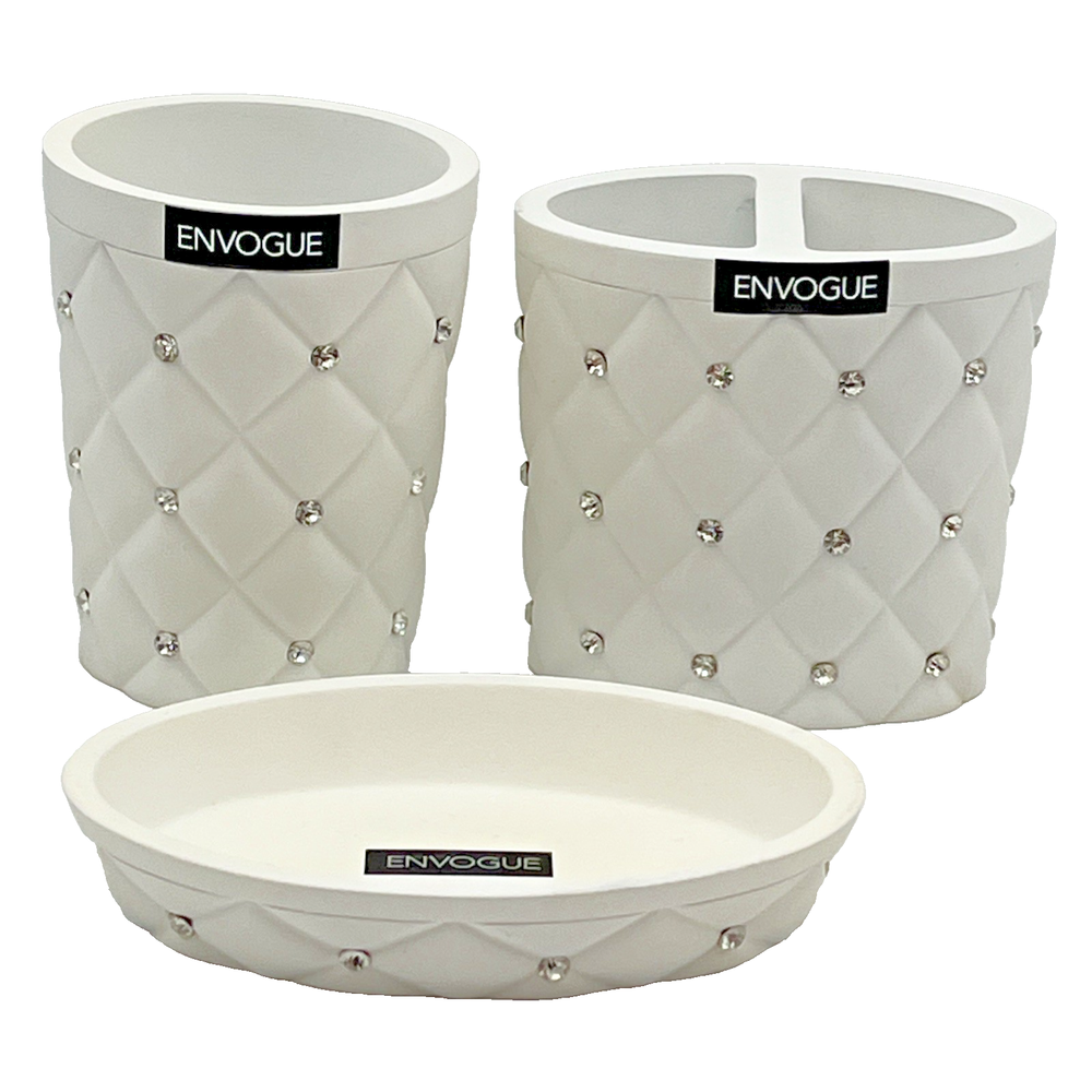 ENVOGUE 3 Pc White Resin Crystals Toothbrush Holder, Soap Dish, Tumbler - NEW
