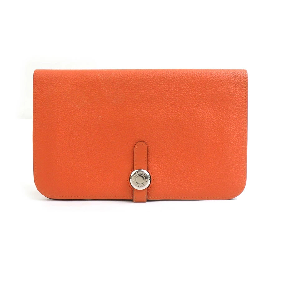 Hermes Dogon GM Leather Long Wallet Orange Silver