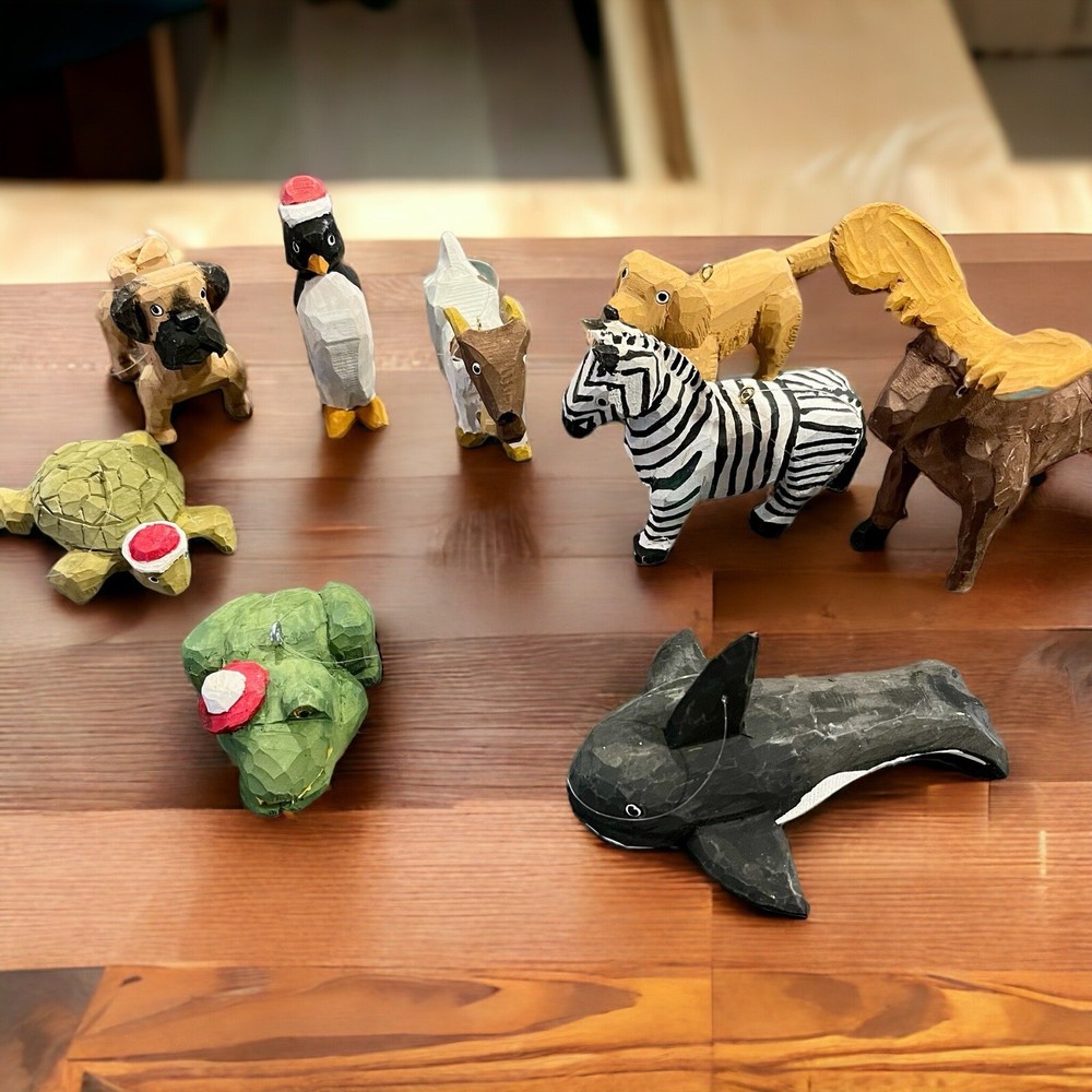 Hand Carved, Hand Painted Wood Animal ornaments MOOSE, Dogs, Penguin, Zebra 9