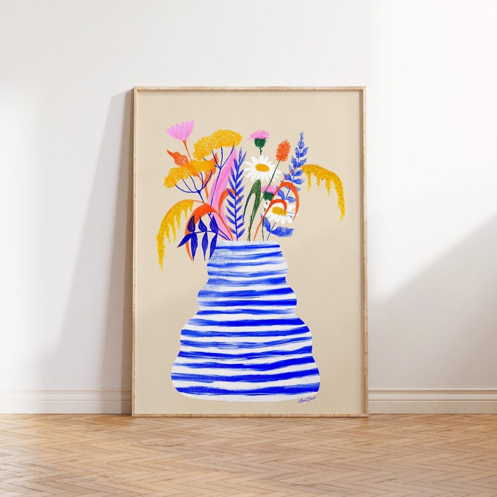 Bright Colorful Vase Illustration With Field Flowers Floral Bouquet Wall Art