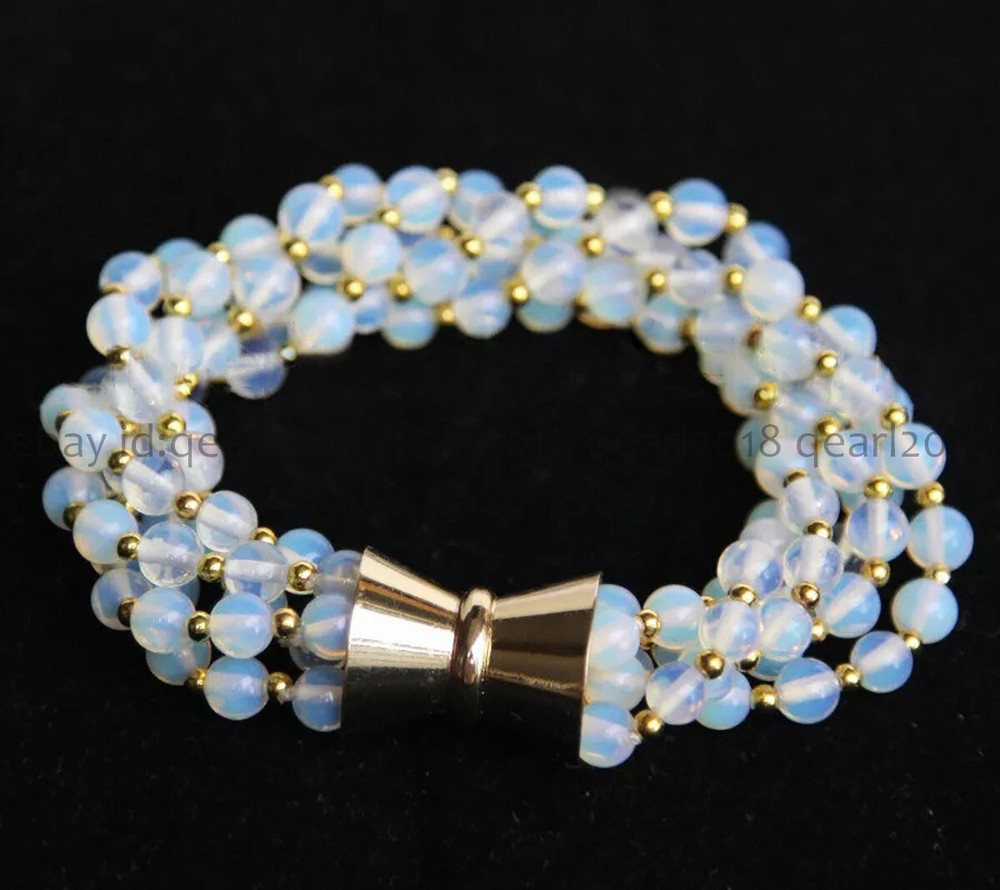 5 Strands 6mm Natural White Opal Round Gems Beads Bracelet 8 inch Magnet Clasp