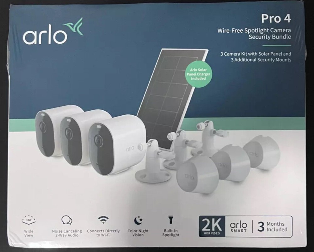 Arlo Pro 4 Security Bundle: 3 Wireless Spotlight Cameras with Solar Panel in White