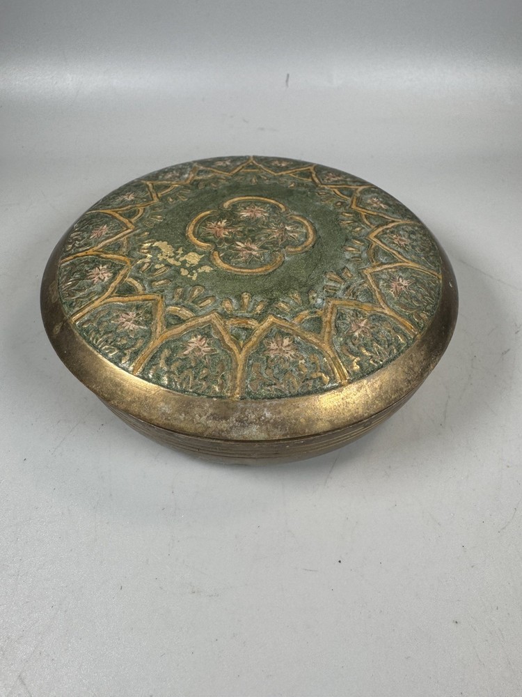 Vintage Brass Trinket Box Green Enamel Floral Design Round  4”