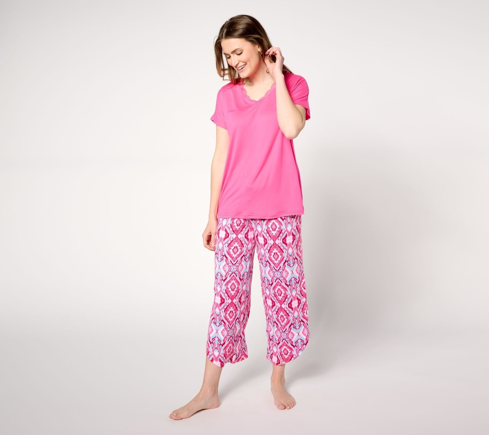 Carole Hochman Women's Sleepwear Sz L Lace Trim Tee with Ruffle Waist Pink