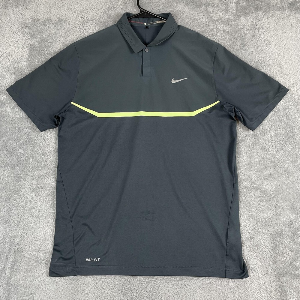 Nike Tiger Woods Collection Shirt Mens Large Gray Dri-FIT Golf Polo Stripe