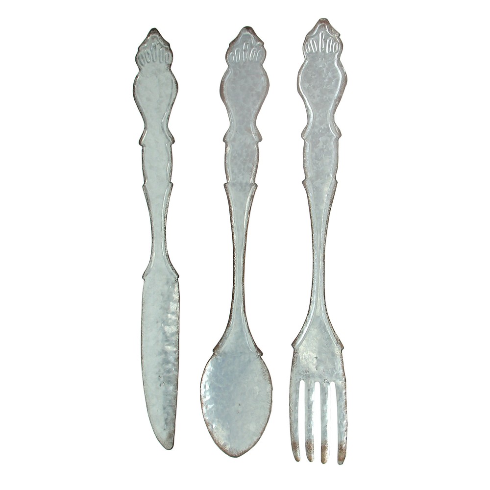 Galvanized Metal Fork Spoon Knife Kitchen Decor Utensil Wall Hanging Set of 3