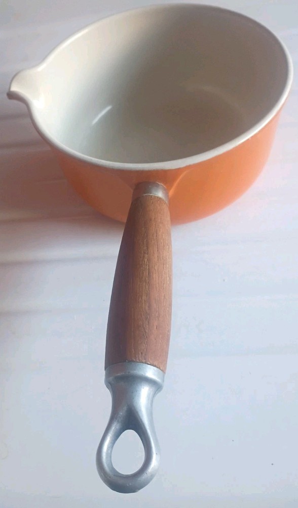 Vintage Le Creuset #16 Saucepan Flame Orange Cast Iron Wood Handle France No Lid