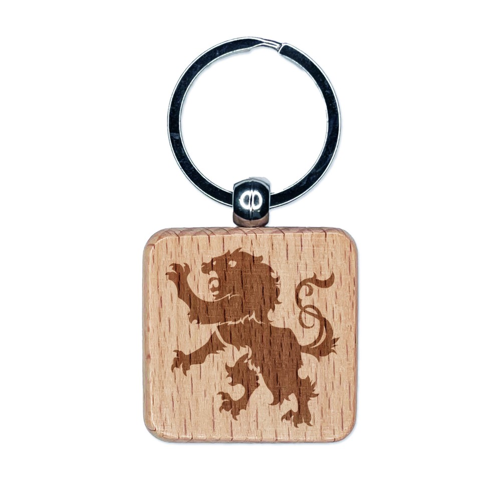 Regal Heraldic Lion Engraved Wood Square Keychain Tag Charm