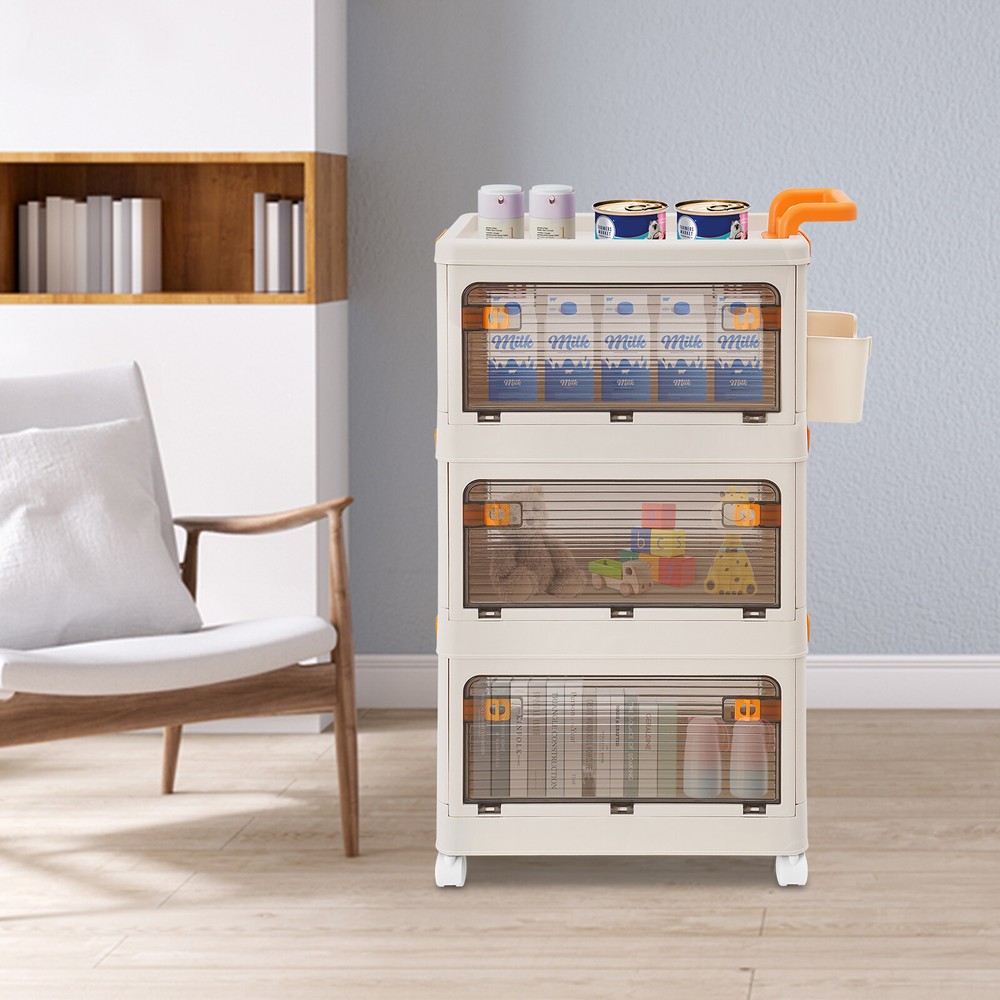 3-Tier Foldable Storage Cabinet with Wheels Collapsible Organizer Bin