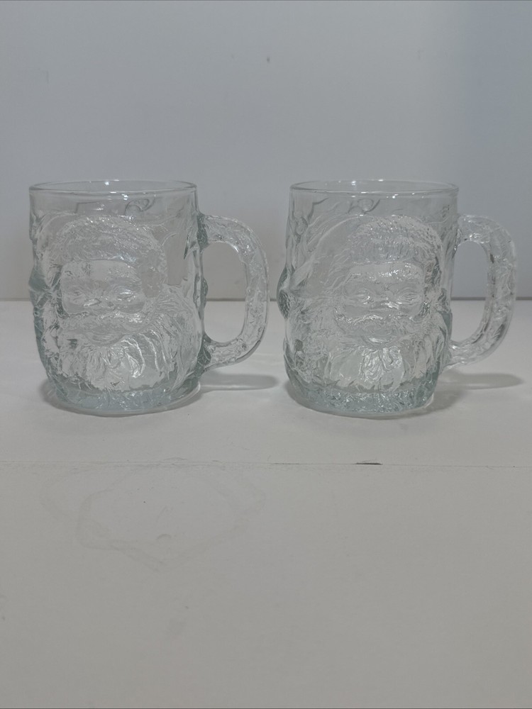 Luminarc clear glass 3D Christmas Santa Claus mugs cup coffee Tea Set Of 2