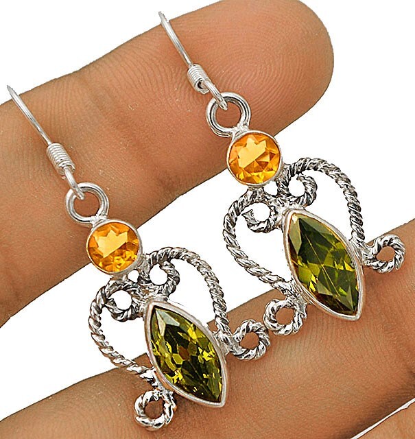 2CT Peridot Citrine Sterling Silver Earrings 1 3/4 Inch Jewelry @1-1