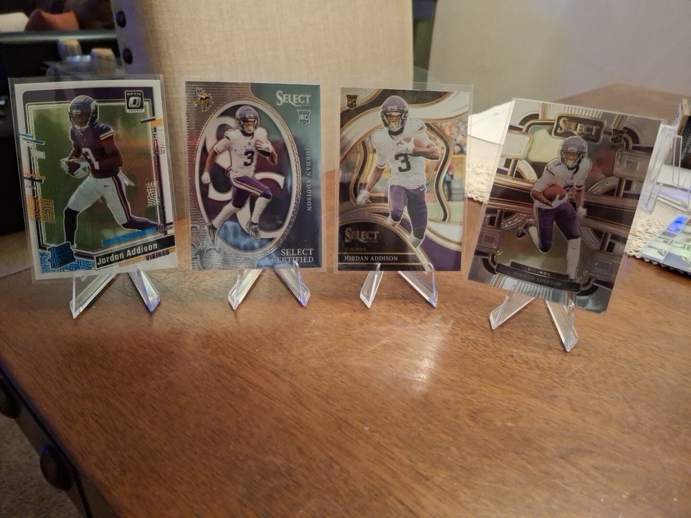 2023 Jordan Addison Rookie Card Collection – 4 Cards Featuring Select Certified, Base, Field Level, and Donruss Optic Editions – NFL Collectible Set for Fans and Collectors
