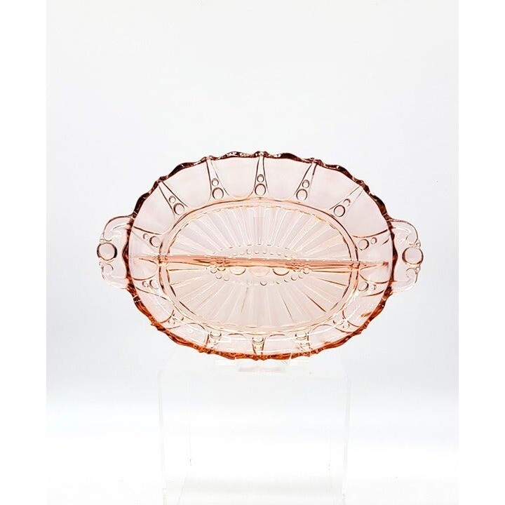 Jeanette Blush Pink Depression Glass Divided Relish/Candy Dish Oval 2 Handles