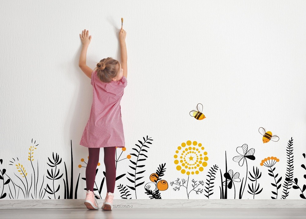 3D Hand Drawn Flowers Bee Wall Murals Wallpaper Murals Wall Sticker