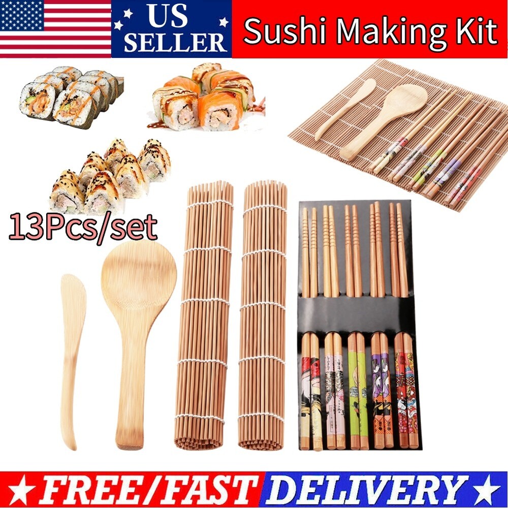 13PCS Sushi Making Kit with Bamboo Mat Roller Spoon Chopsticks and Food Rolling Tools