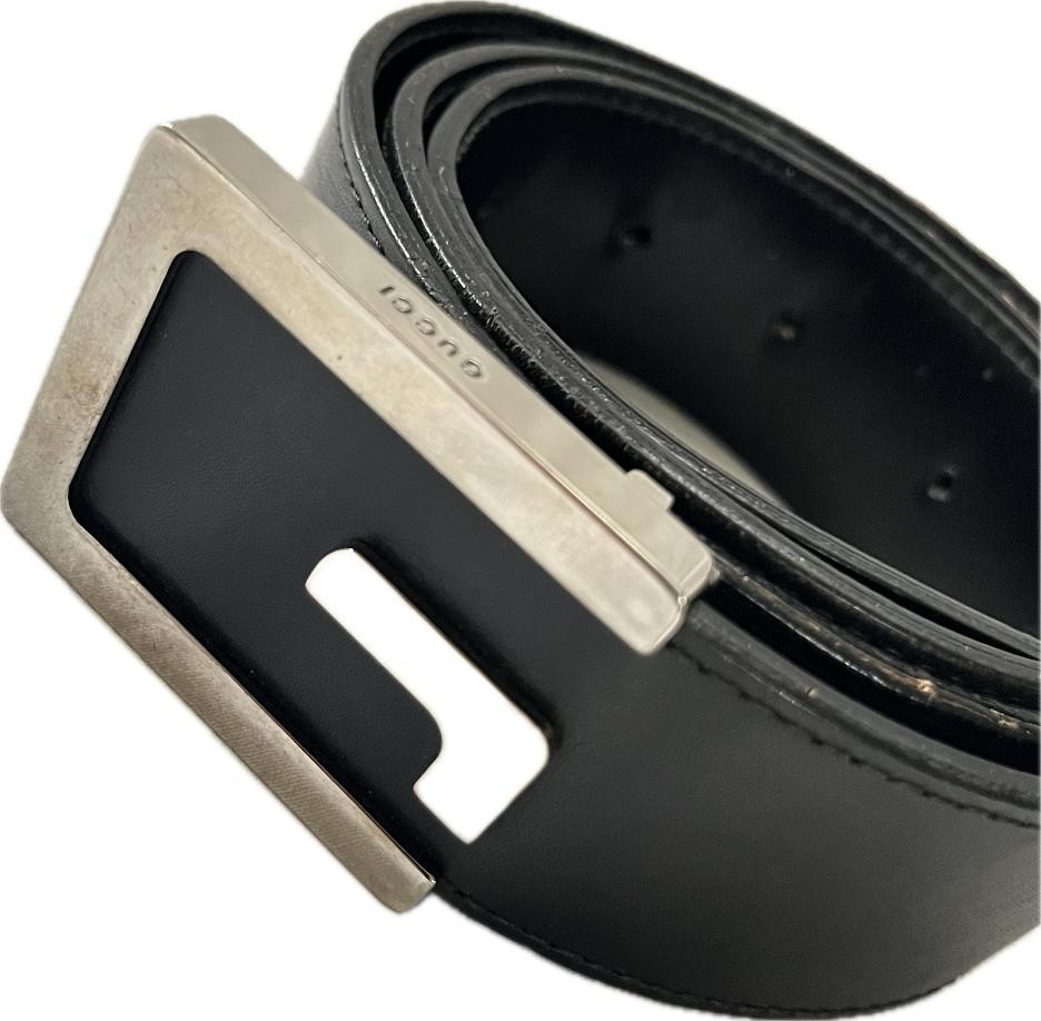 GUCCI G Logo Belt Black Silver Leather Unisex Vintage Authentic